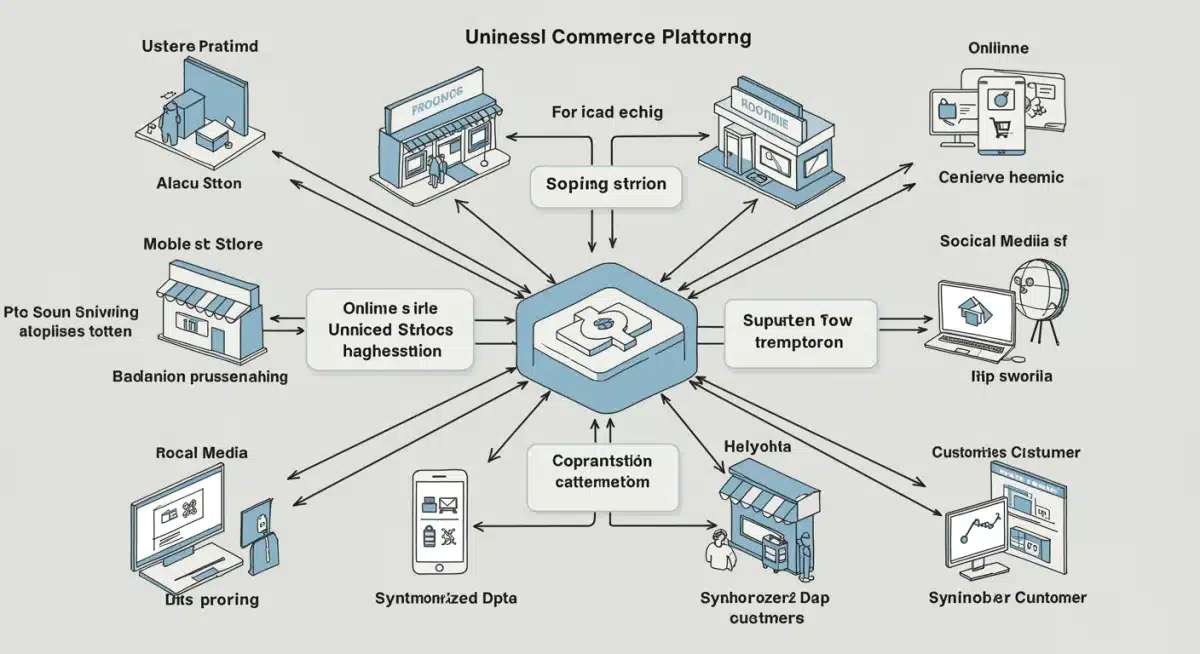 Infographic showing data flow in a unified commerce platform integrating multiple retail channels.