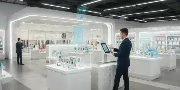 Customer using voice assistant for shopping in a modern retail setting.