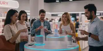 Consumers using voice assistants for shopping in a retail environment.